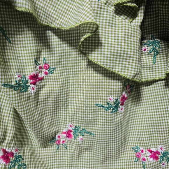 Gypsies & Moondust Ruffled Gingham Floral Embroidered Cold Shoulder Blouse - Picture 3 of 6